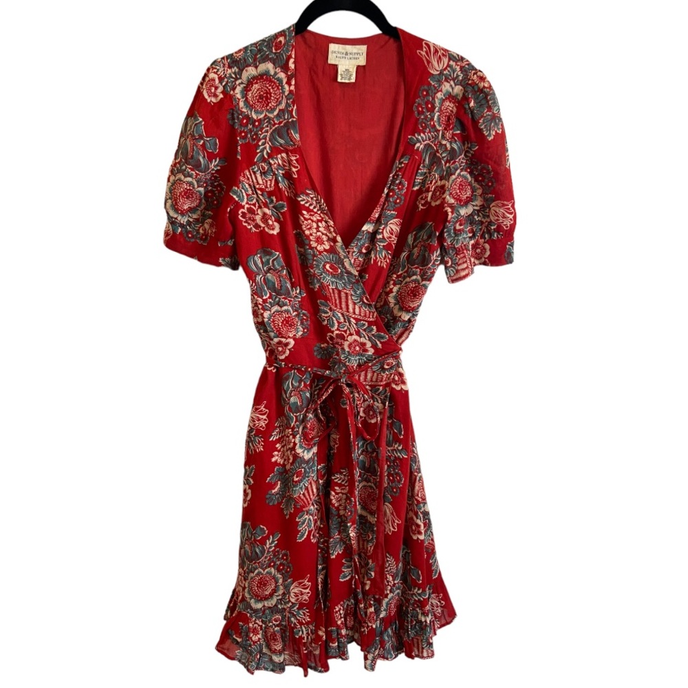 Denim & Supply Ralph Lauren Red Floral Tie-Waist Wrap Mini Dress